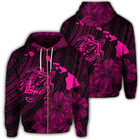 Hawaiian Hibiscus Sea Turtle Swim Polynesian Zip Hoodie Pink Unisex Art - Polynesian Pride