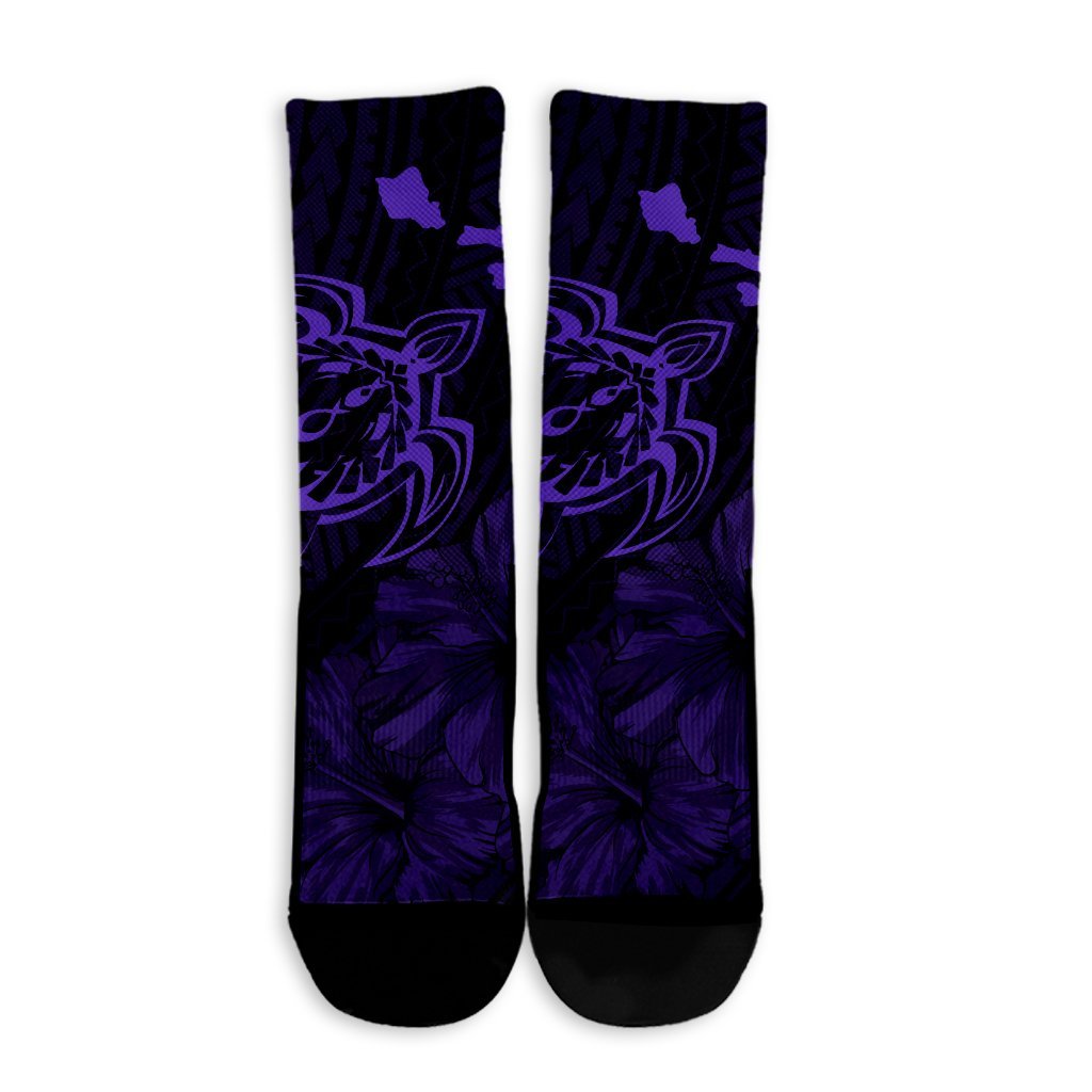 Hawaiian Hibiscus Sea Turtle Swim Polynesian Crew Socks - Purple - AH - Polynesian Pride
