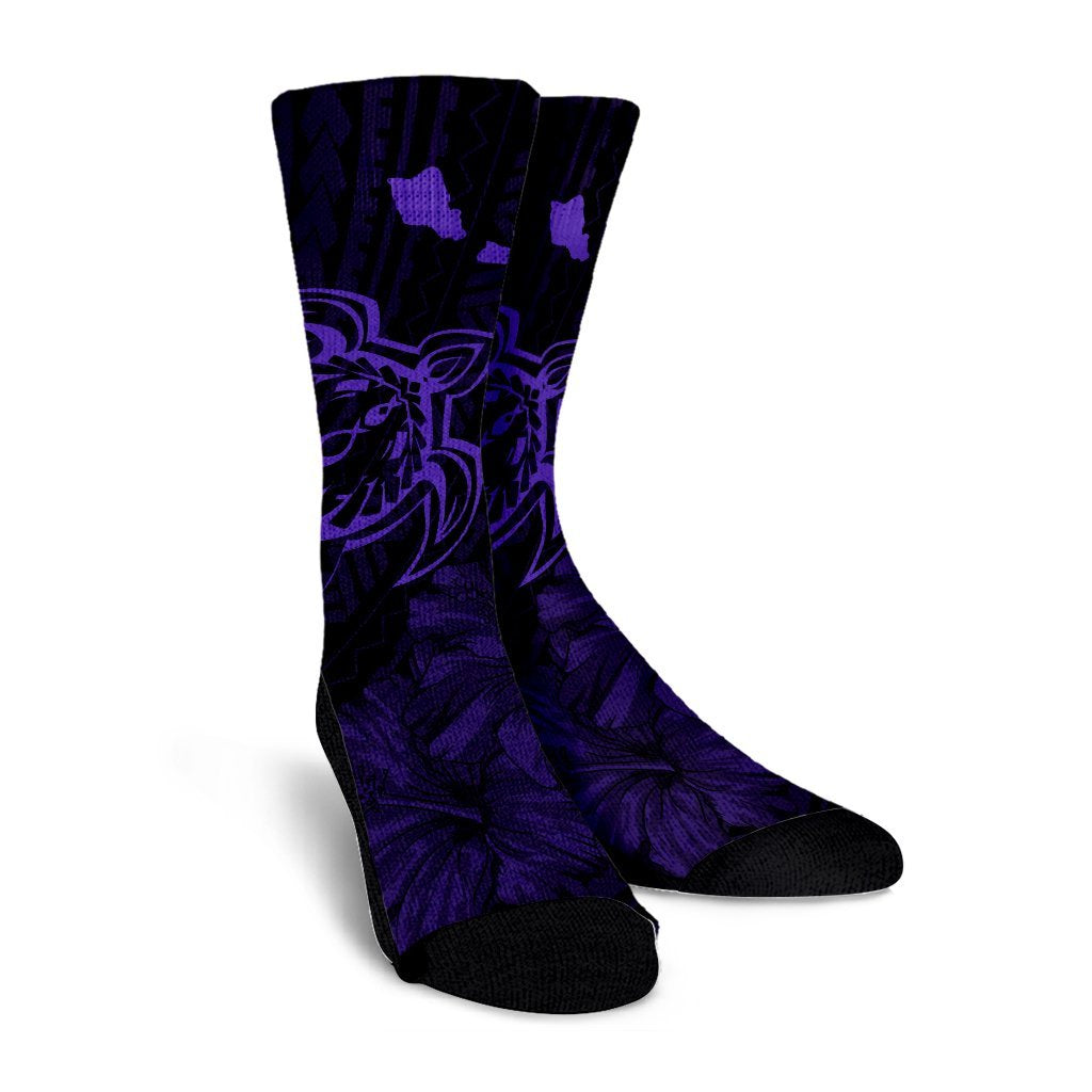 Hawaiian Hibiscus Sea Turtle Swim Polynesian Crew Socks - Purple - AH - Polynesian Pride