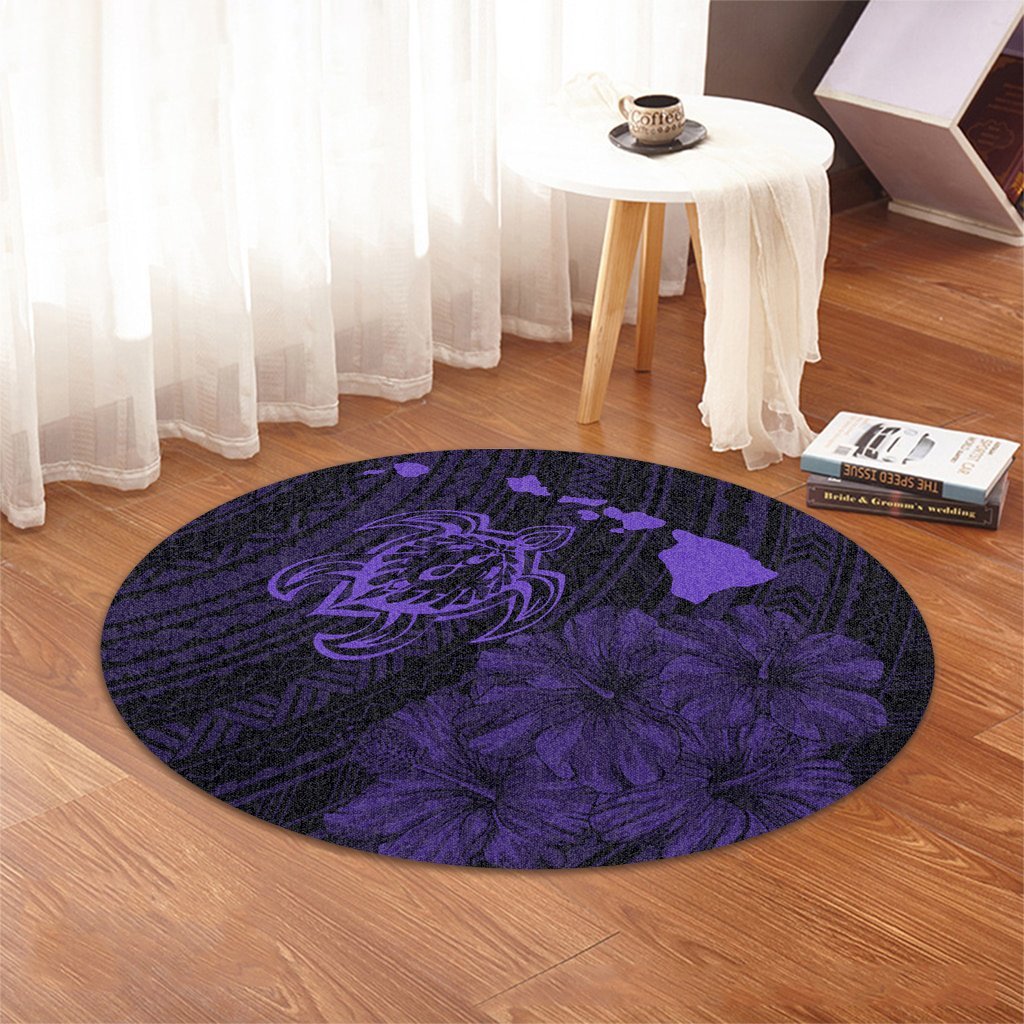 Hawaiian Hibiscus Sea Turtle Swim Polynesian Round Carpet - Purple - AH - Polynesian Pride
