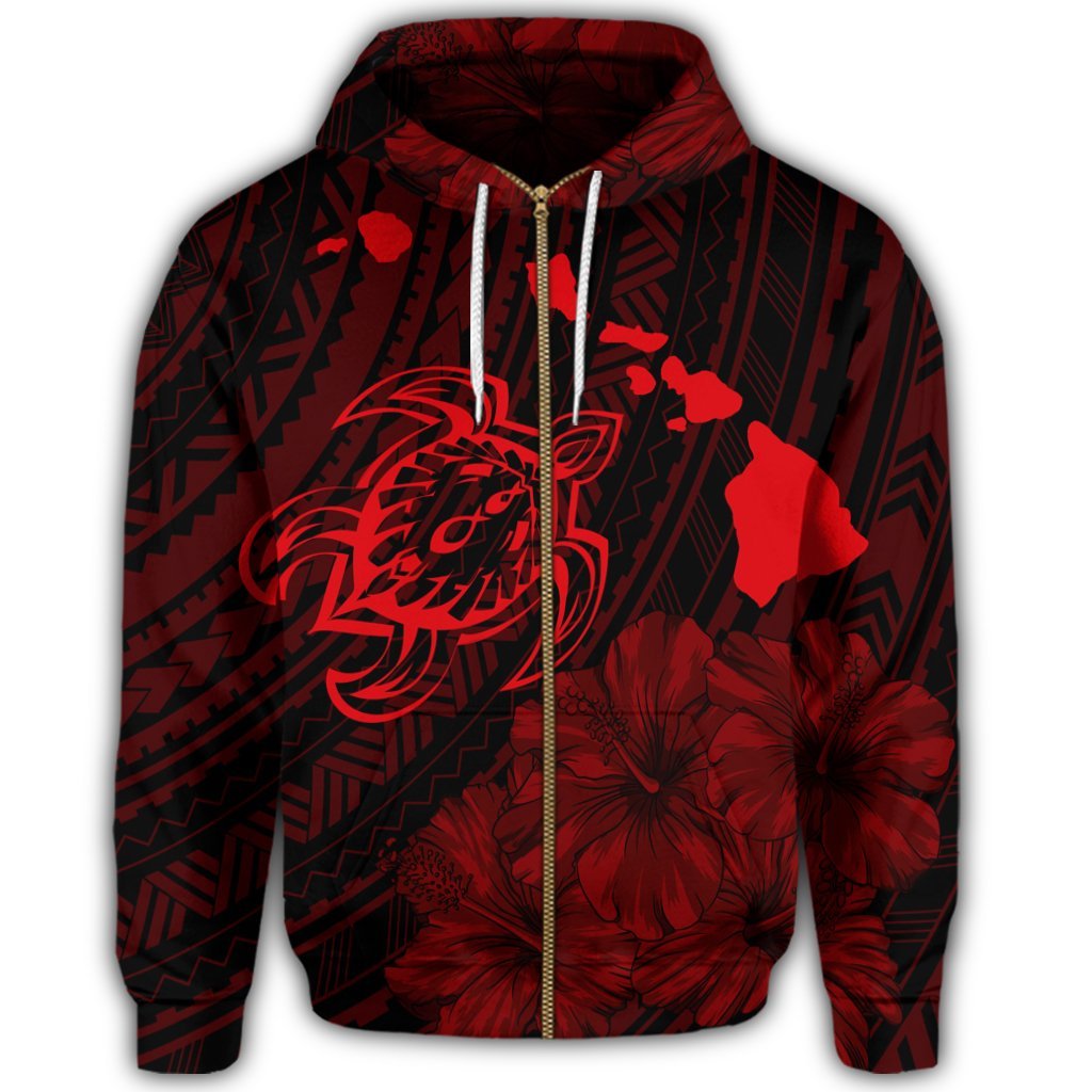 Hawaiian Hibiscus Sea Turtle Swim Polynesian Zip Hoodie Red - Polynesian Pride