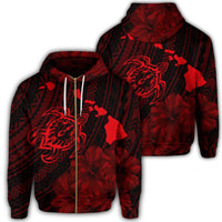 Hawaiian Hibiscus Sea Turtle Swim Polynesian Zip Hoodie Red Unisex Art - Polynesian Pride