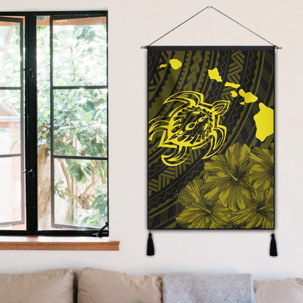 Hawaiian Hibiscus Sea Turtle Swim Polynesian Hanging Poster - Yellow - AH - Polynesian Pride