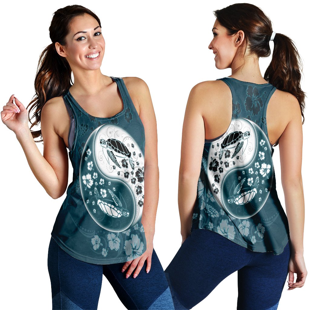 Hawaiian Hibiscus Turtle Polynesian Racerback Tank YinYang Style - AH Black - Polynesian Pride