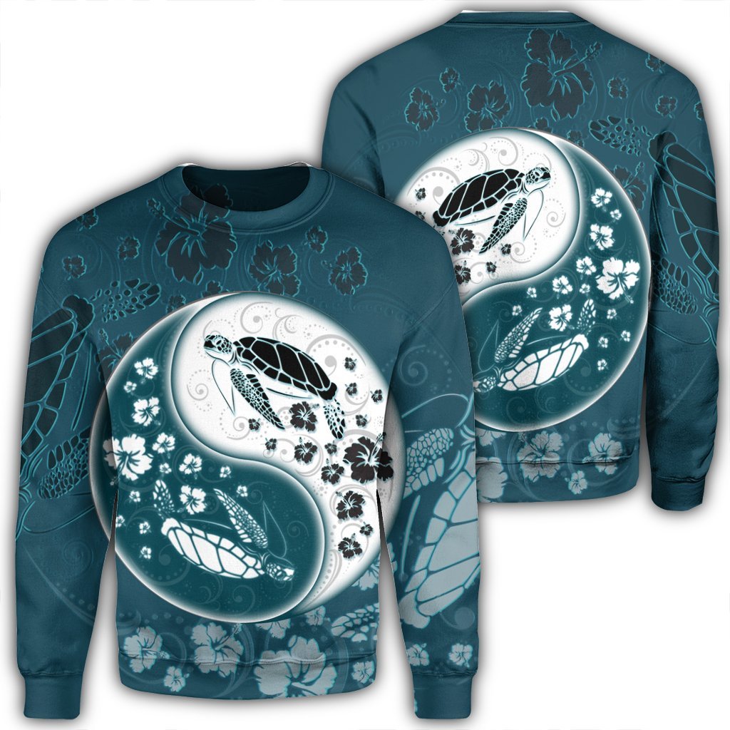 Hawaiian Hibiscus Turtle Polynesian Sweatshirt YinYang Style - AH Unisex Black - Polynesian Pride