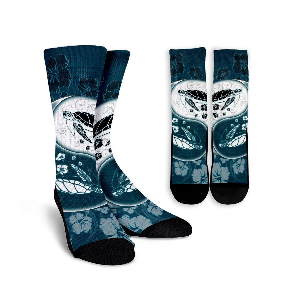 Hawaiian Hibiscus Turtle Polynesian Crew Socks YinYang Style - AH Crew Socks White - Polynesian Pride