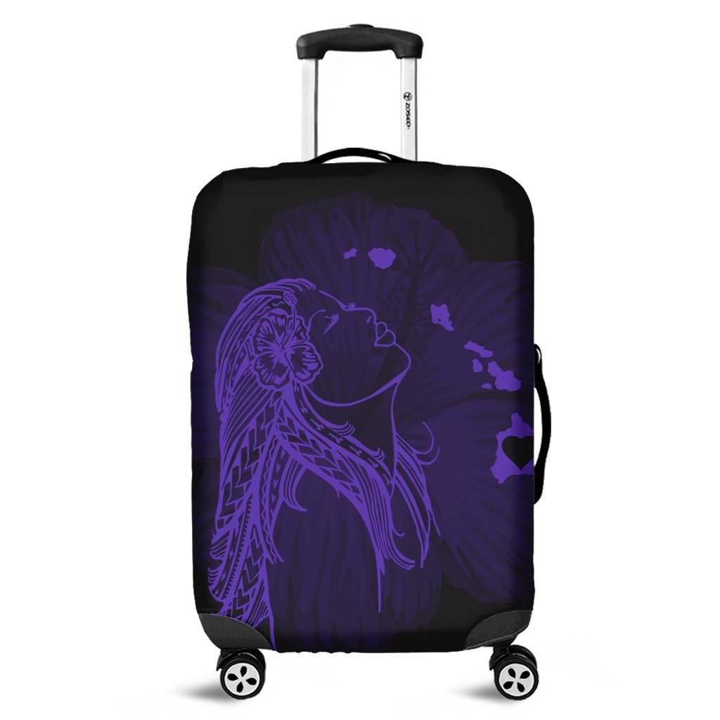 Hawaiian Map Heart Hula Girl Hibiscus Purple Polynesian Luggage Covers - AH Black - Polynesian Pride