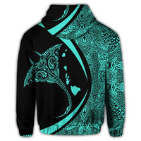 Hawaiian Map Manta Ray Polynesian Zip Hoodie Turquoise Circle Style - Polynesian Pride