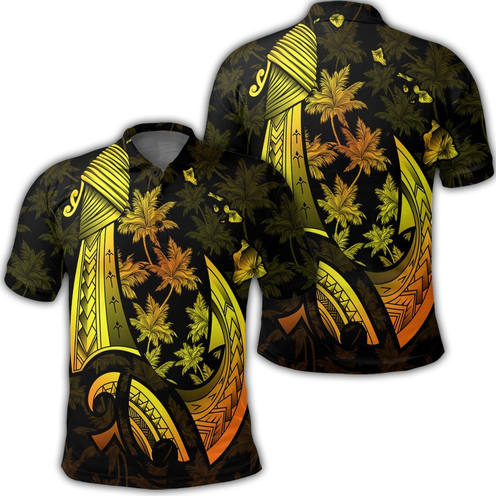 Hawaiian Map Palm Trees Fish Hook Polynesian Polo Shirt Colorful Yellow Unisex Black - Polynesian Pride