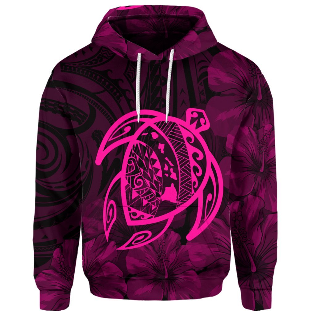 Custom Hawaiian Map Turtle Kanaka Hibiscus Polynesian Hoodie Pink - Polynesian Pride
