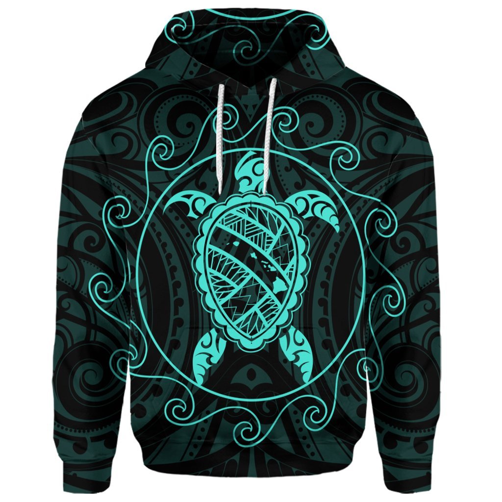 Custom Hawaiian Map Turtle Wave Polynesian Hoodie Turquoise - Polynesian Pride