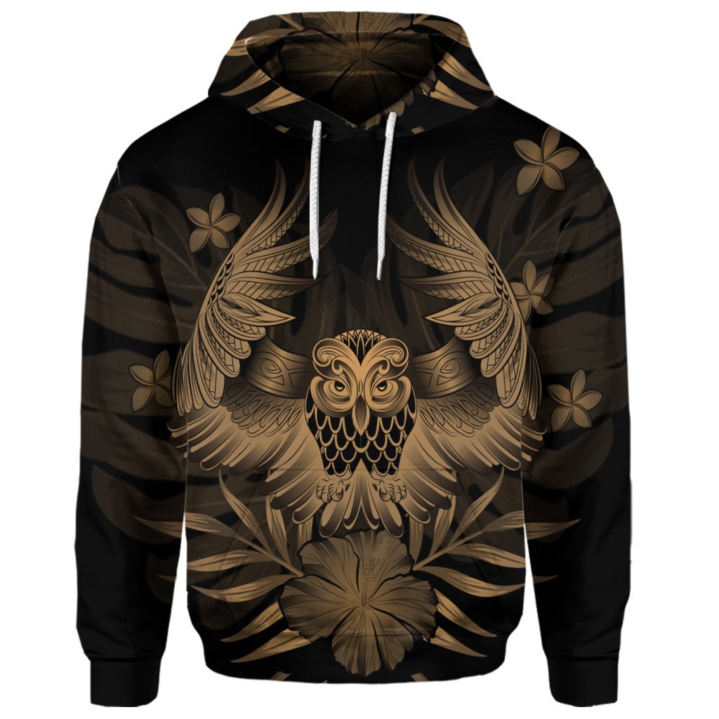 Custom Hawaiian Owl Hibiscus Plumeria Polynesian Hoodie Gold - Polynesian Pride