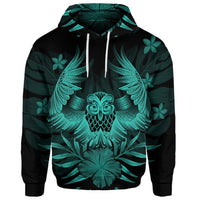 Custom Hawaiian Owl Hibiscus Plumeria Polynesian Hoodie Turquoise - Polynesian Pride