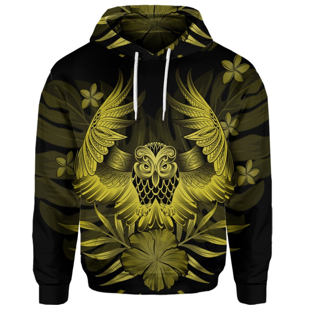 Custom Hawaiian Owl Hibiscus Plumeria Polynesian Hoodie Yellow - Polynesian Pride