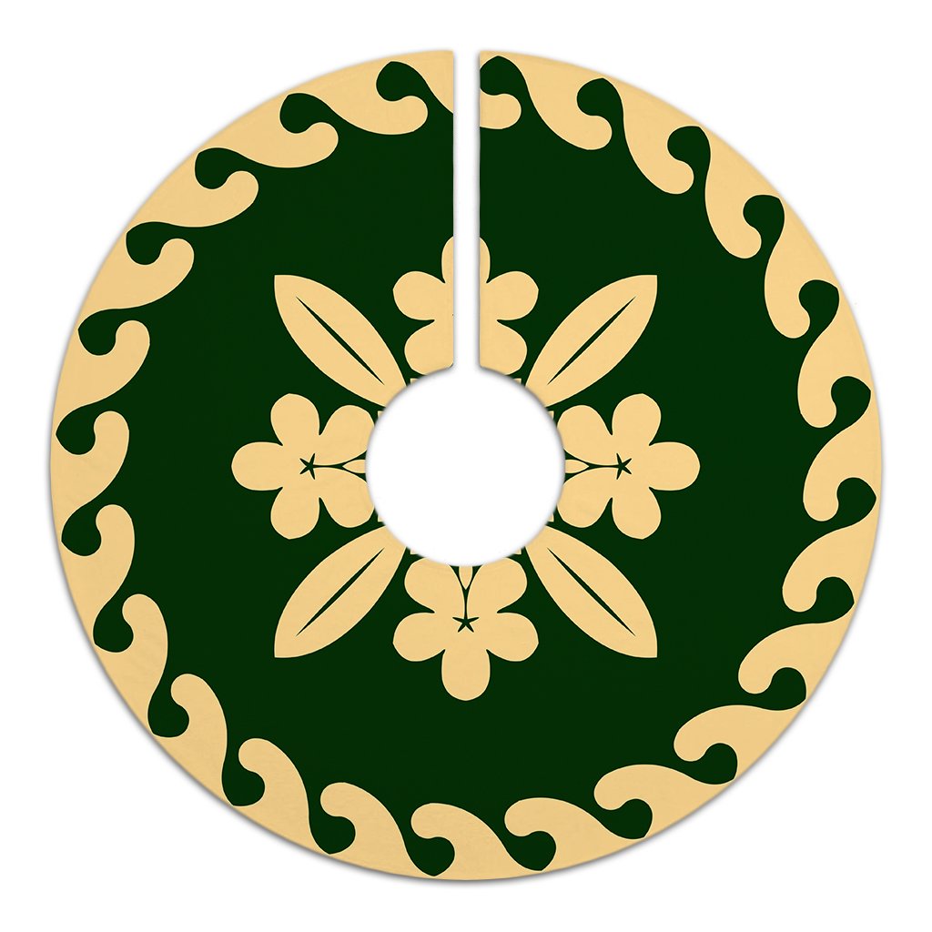 Hawaiian Quilt Pattern Plumeria Lovely Tree Skirt - Green Beige - AH - Polynesian Pride