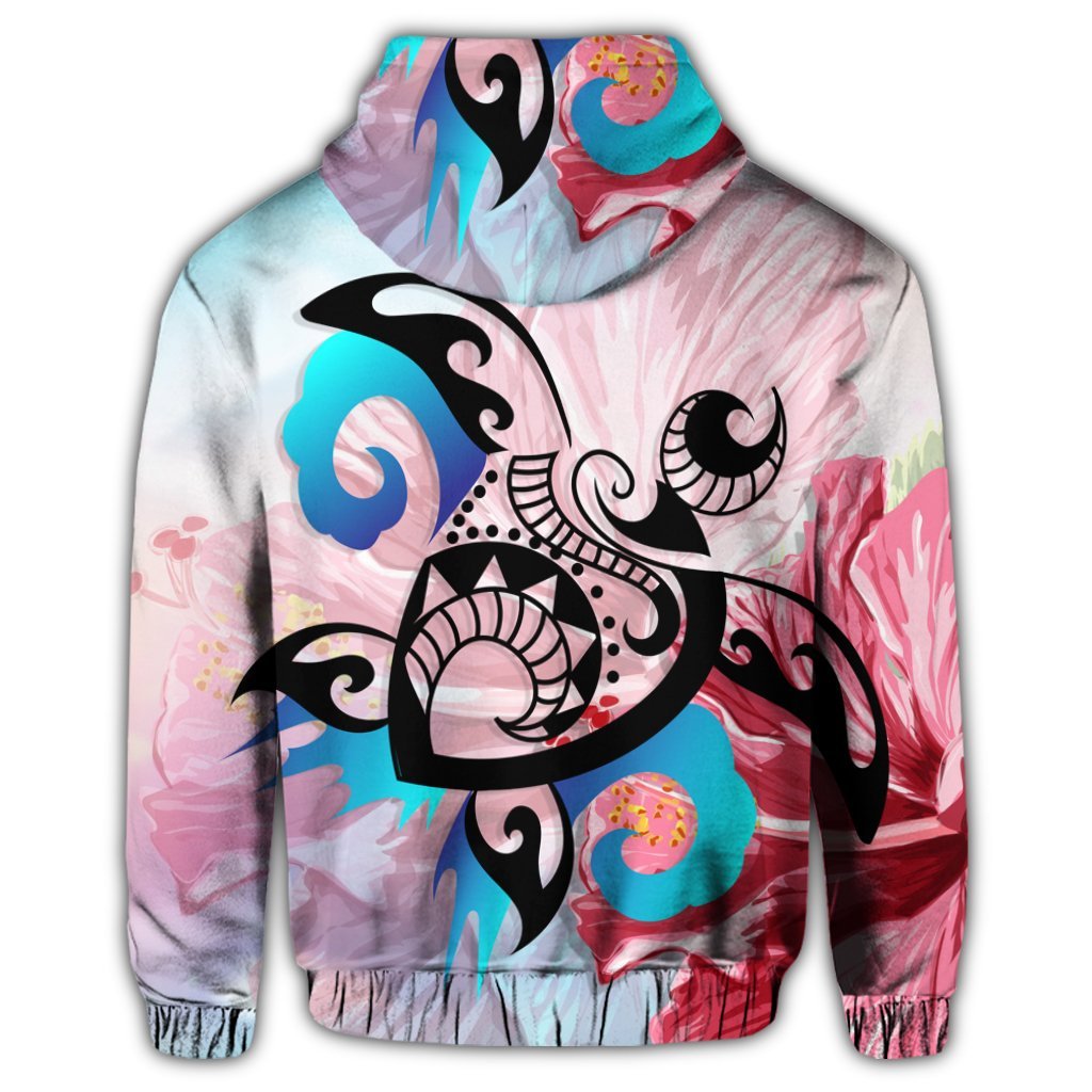 Hawaiian Wave Hibiscus Watercolor Turtle Polynesian Hoodie - Polynesian Pride