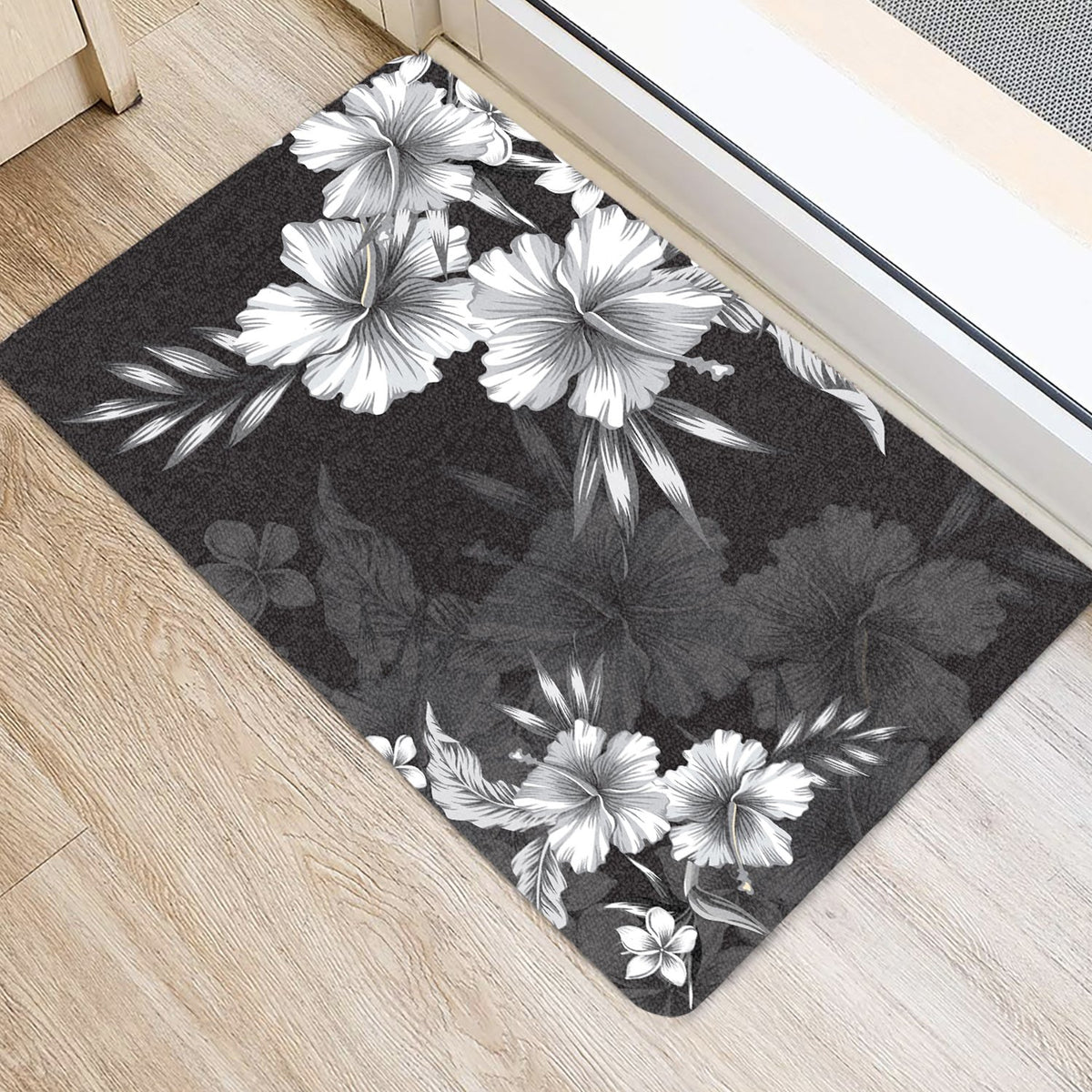 Hibiscus And Plumeria B&W Door Mat AH - Polynesian Pride