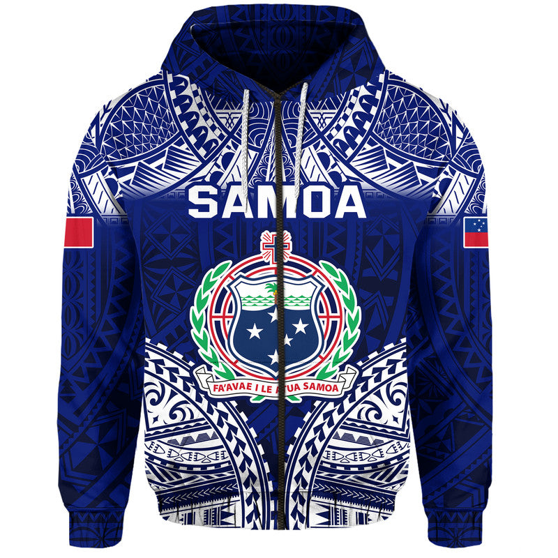 Custom Samoa Coat of Arms Hoodie Polynesian Pattern LT9 Zip Hoodie Blue - Polynesian Pride