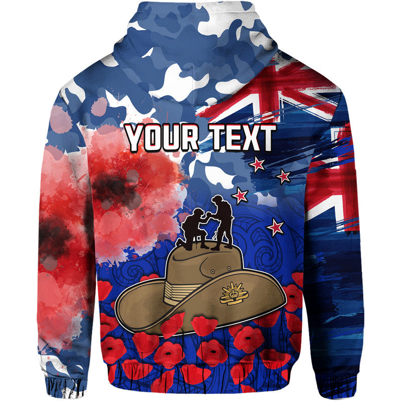 Custom New Zealand ANZAC Day Hoodie Grunge Aotearoa Flag and Red Poppy LT9 - Polynesian Pride