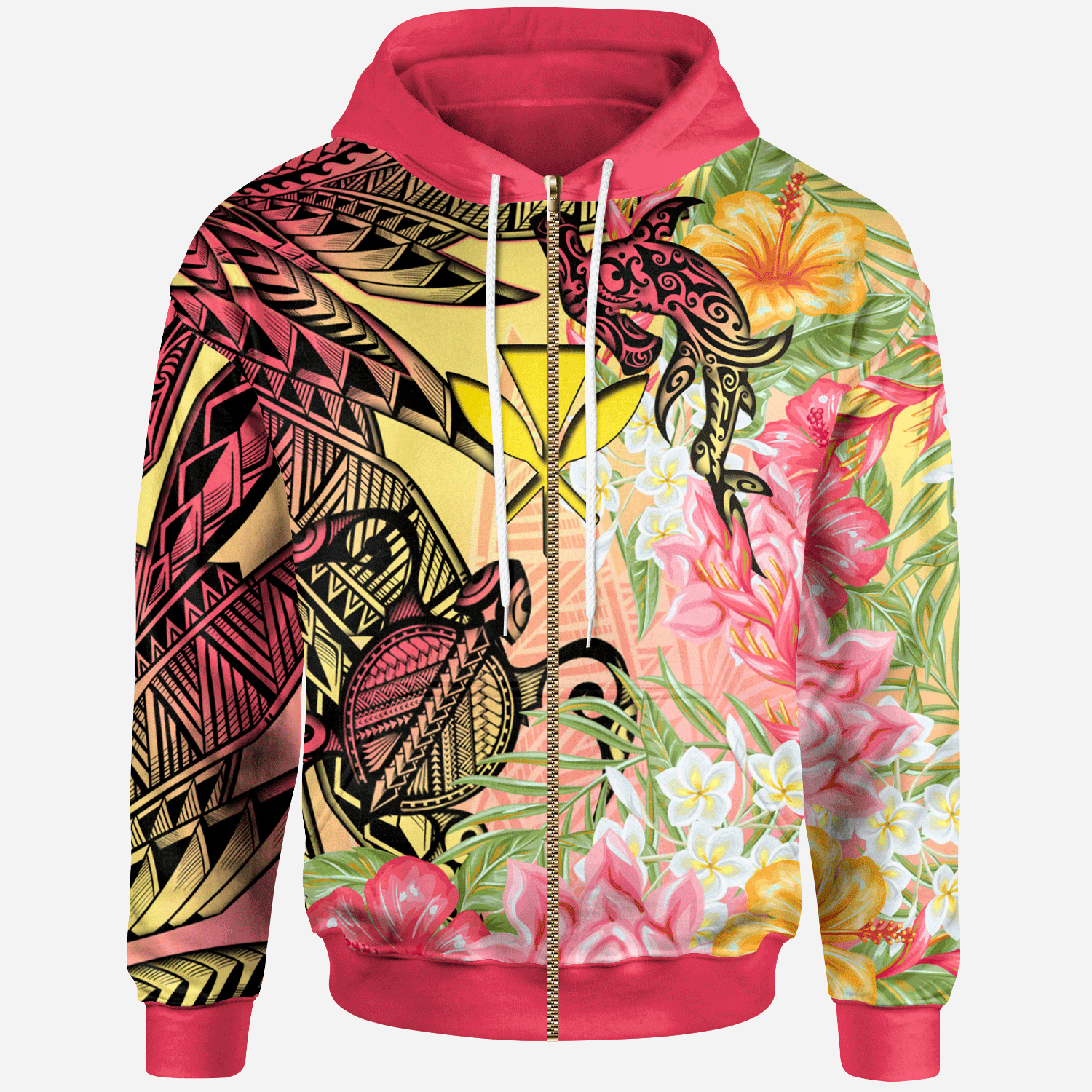 Kanaka Maoli Zip Hoodie Flowers Tropical With Sea Animals Unisex Pink - Polynesian Pride
