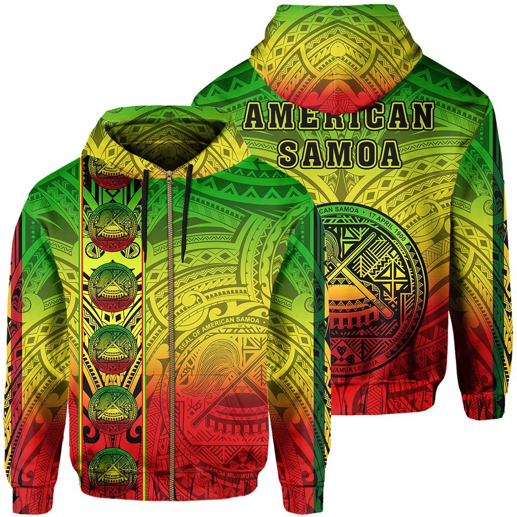 American Samoa Hoodie Zip Rasta Life Style Unisex Green - Polynesian Pride