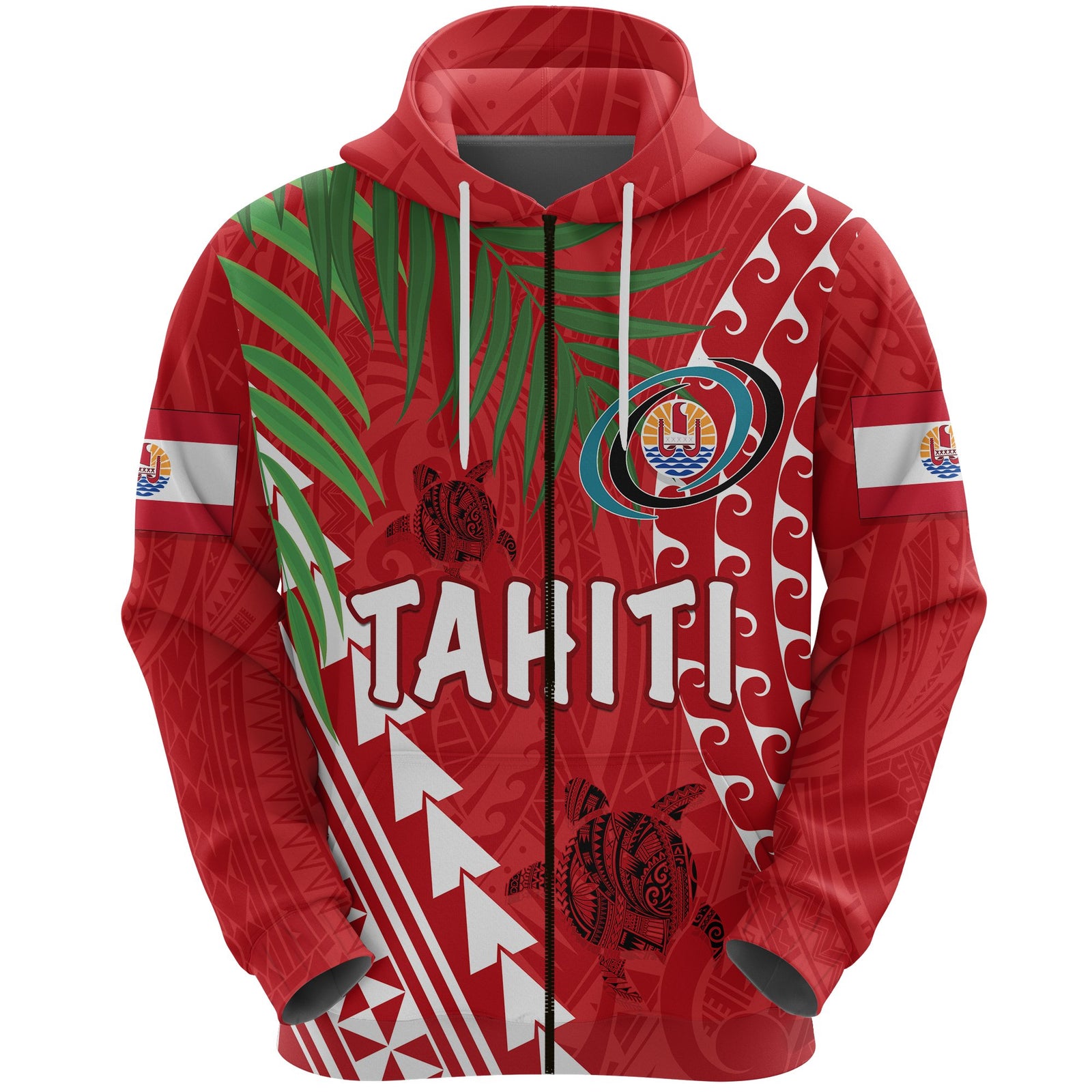 Tahiti Rugby Zip Hoodie Coconut Leaves Unisex Red - Polynesian Pride