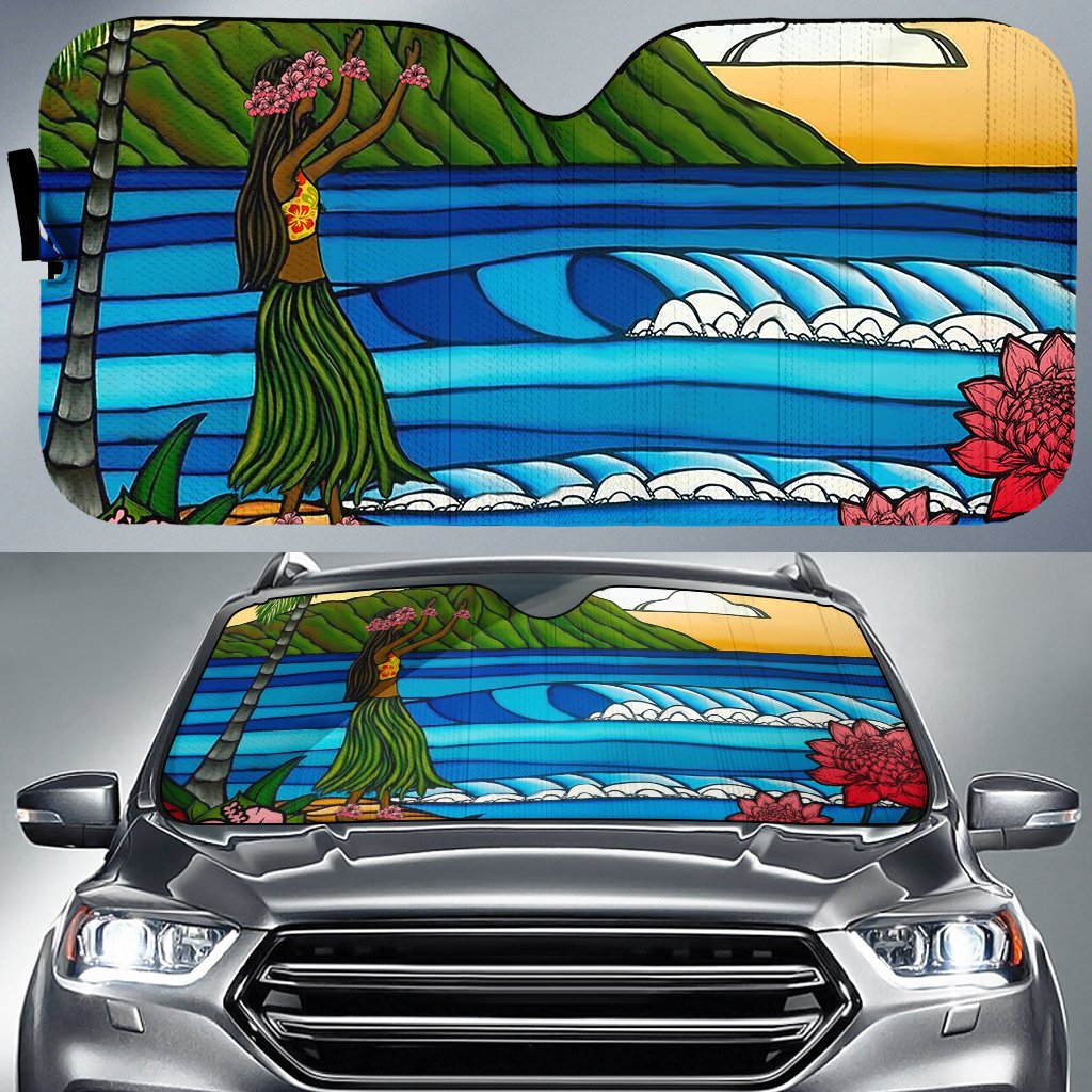 Hula Girl Dance Picture Car Sun Shade AH Auto Sun Shade Universal Fit White - Polynesian Pride