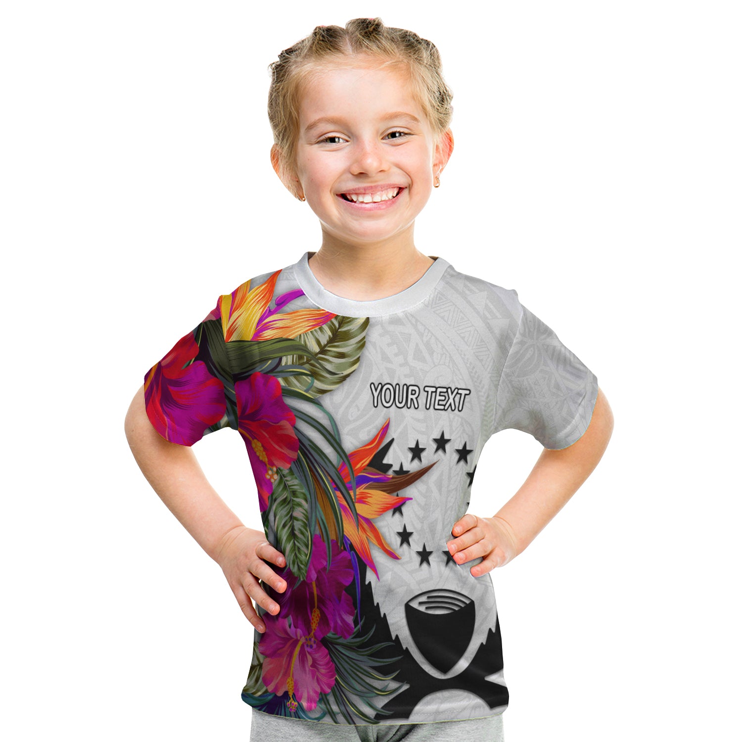 Pohnpei Micronesian Custom Personalised KID T - Shirt - Hibiscus White Pattern - Polynesian Pride