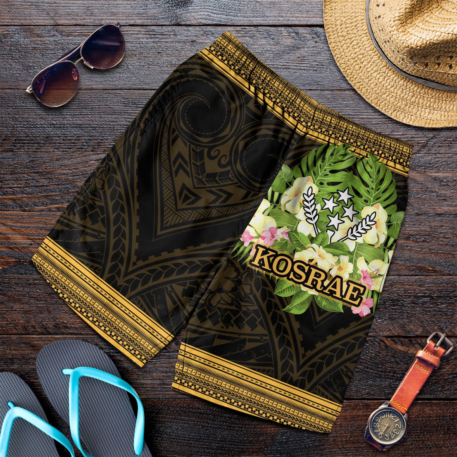 Kosrae State Men's Shorts - Polynesian Gold Patterns Collection Black - Polynesian Pride