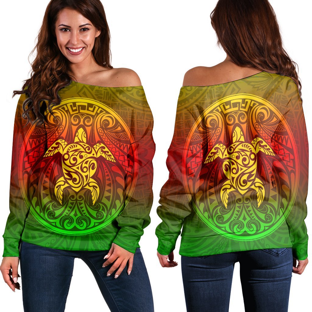 Kanaka Maoli Turtle Polynesian Women's Off Shoulder Sweater - AH Black - Polynesian Pride