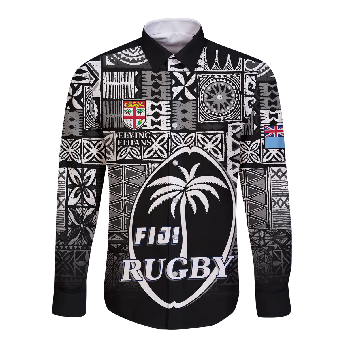 Fiji Rugby Hawaii Long Sleeve Button Shirt Flying Fijians Black Tapa Pattern LT13 Unisex Black - Polynesian Pride
