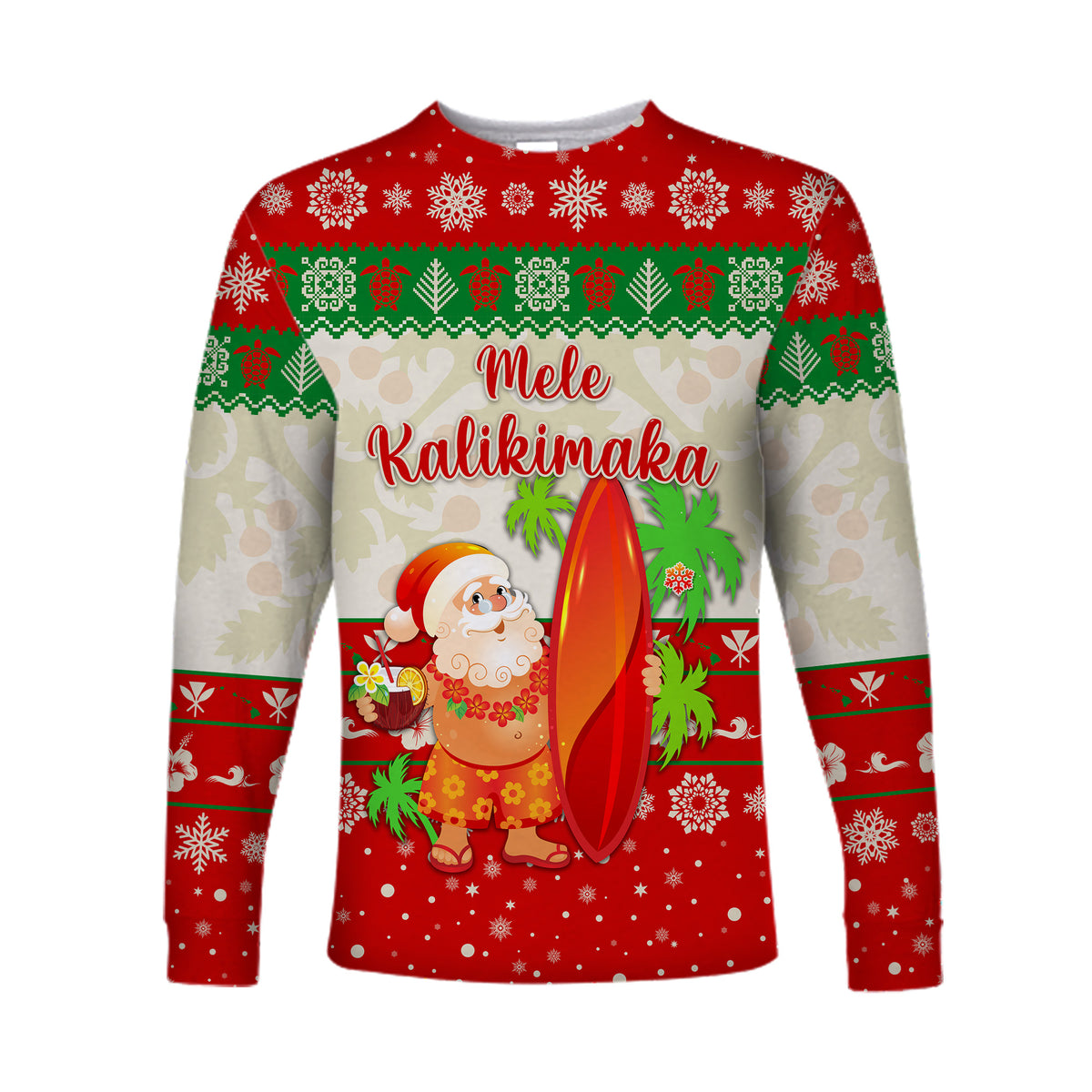 Hawaii Christmas Long Sleeve Shirt Santa Claus Surfing Simple Style - Beige Red LT8 - Polynesian Pride