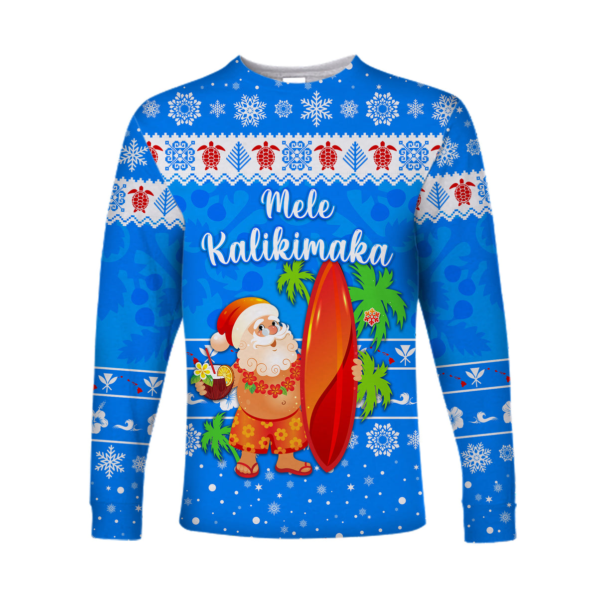 Hawaii Christmas Long Sleeve Shirt Santa Claus Surfing Simple Style - Blue LT8 Unisex Blue - Polynesian Pride