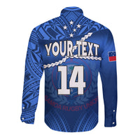 (Custom Text And Number) Samoa Rugby Long Sleeve Button Shirt Manu Samoa Polynesian Hibiscus Blue Style LT14 - Polynesian Pride