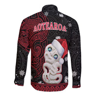 New Zealand Christmas Long Sleeve Button Shirt Hei Tiki Red Pohutukawa Meri Kirihimete LT14 - Polynesian Pride