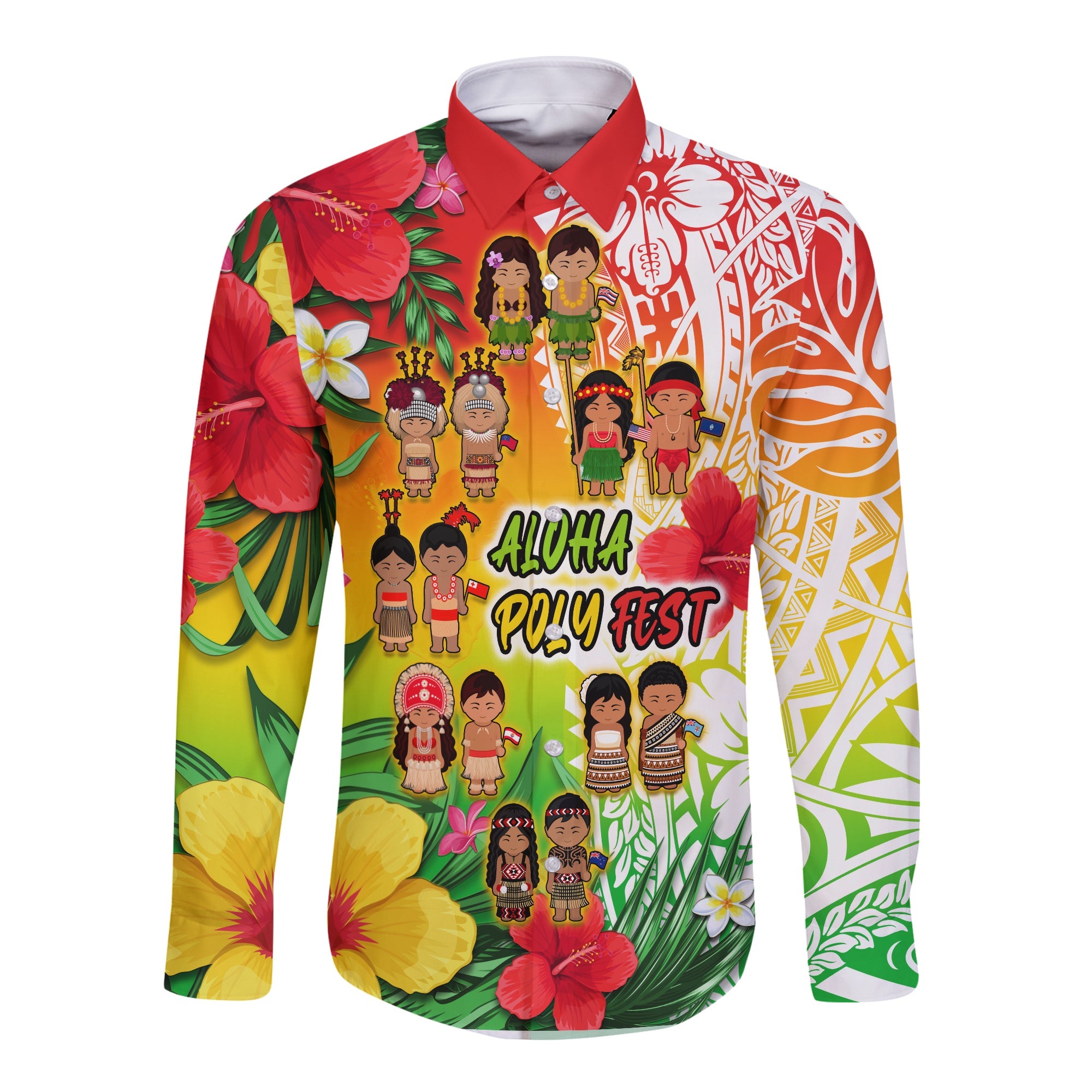 Aloha Poly Fest Long Sleeve Button Shirt Polynesian Pattern With Tropical Flowers LT14 Unisex Reggae - Polynesian Pride