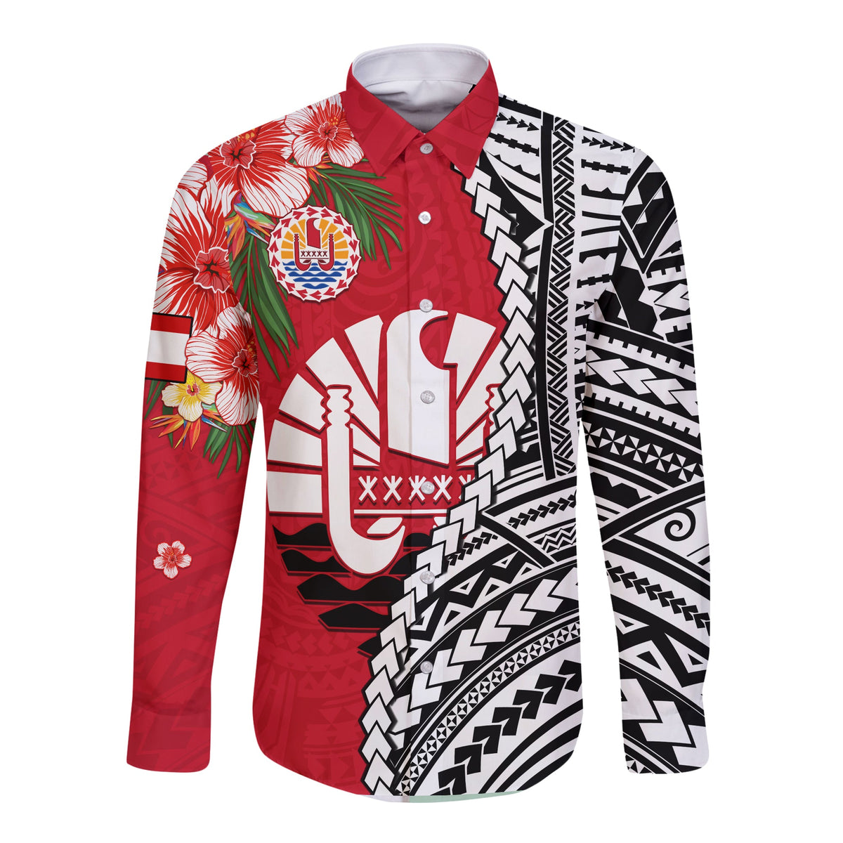 (Custom Personalised) Tahiti Islands Long Sleeve Button Shirt Polynesian Shark Mix Tropical Flowers LT14 - Polynesian Pride