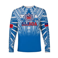 (Custom Text And Number) Samoa Rugby Long Sleeve Shirt Personalise Toa Samoa Polynesian Pacific Blue Version LT14 - Polynesian Pride