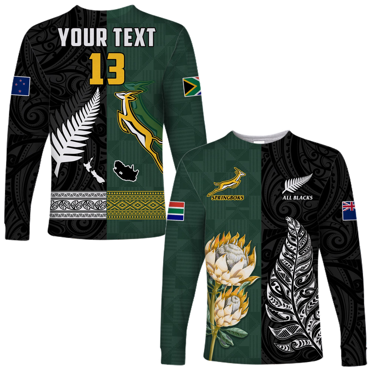 (Custom Text and Number) South Africa Protea and New Zealand Fern Long Sleeve Shirt Rugby Go Springboks vs All Black LT13 Unisex Art - Polynesian Pride