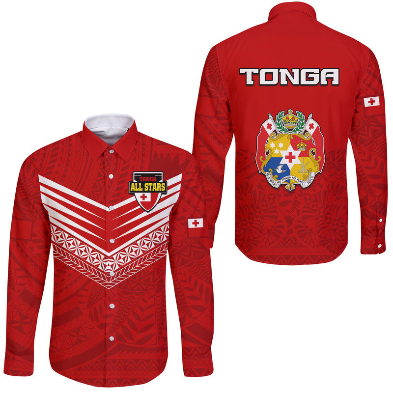 Tonga Rugby Long Sleeve Button Shirt - Tongan Kupesi Ngatu Design - Polynesian Pride LT9 Unisex Red - Polynesian Pride