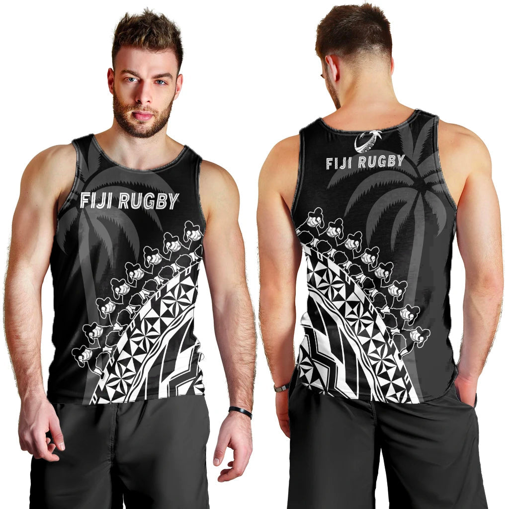 Fiji Rugby Men Tank Top Fijian Cibi Dance Tapa Pattern Black LT14 Black - Polynesian Pride