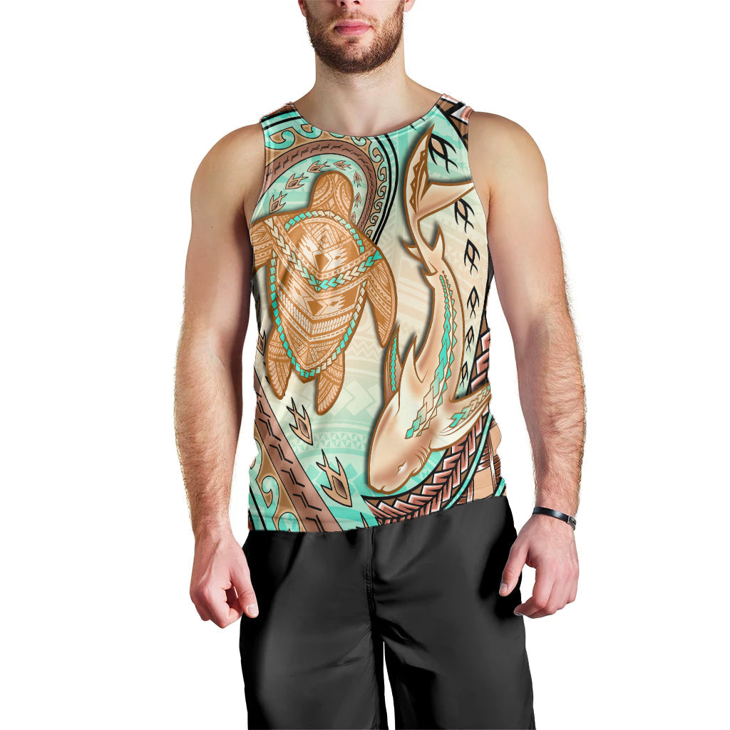 Hawaii Men Tank Top Polynesian Shark And Sea Turtle Dreamy Turquoise Artsy LT14 - Polynesian Pride
