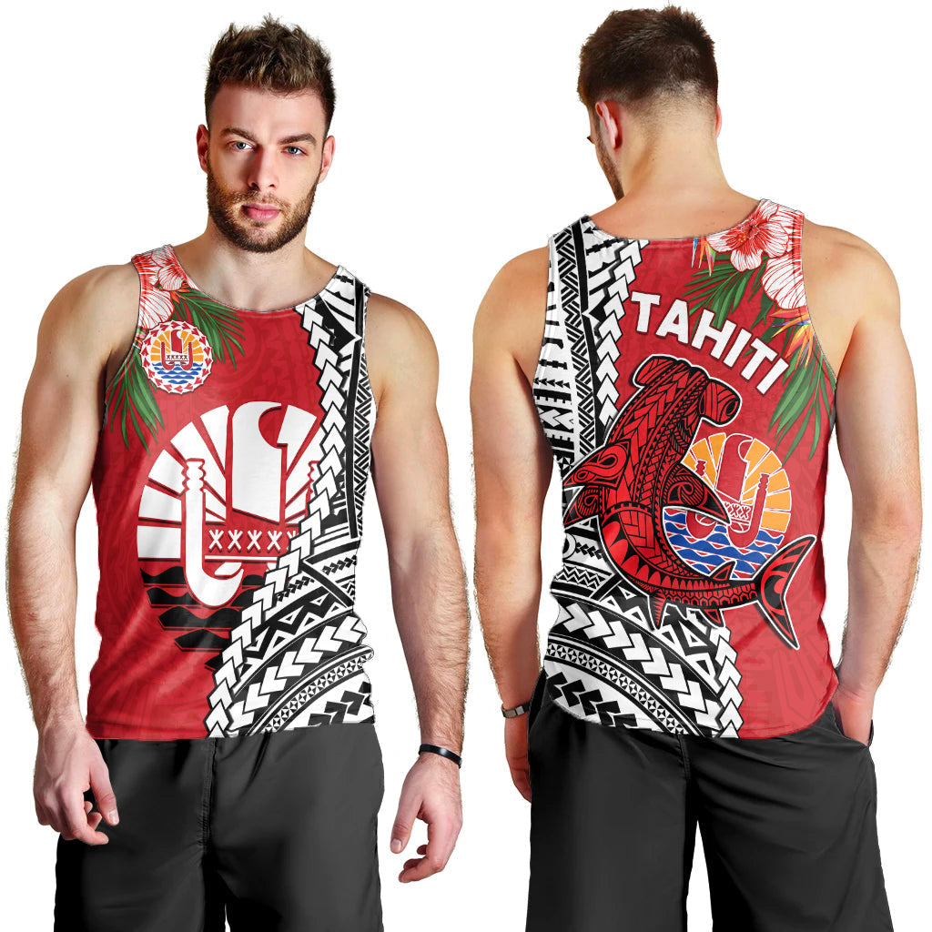 Tahiti Islands Men Tank Top Polynesian Shark Mix Tropical Flowers LT14 - Polynesian Pride