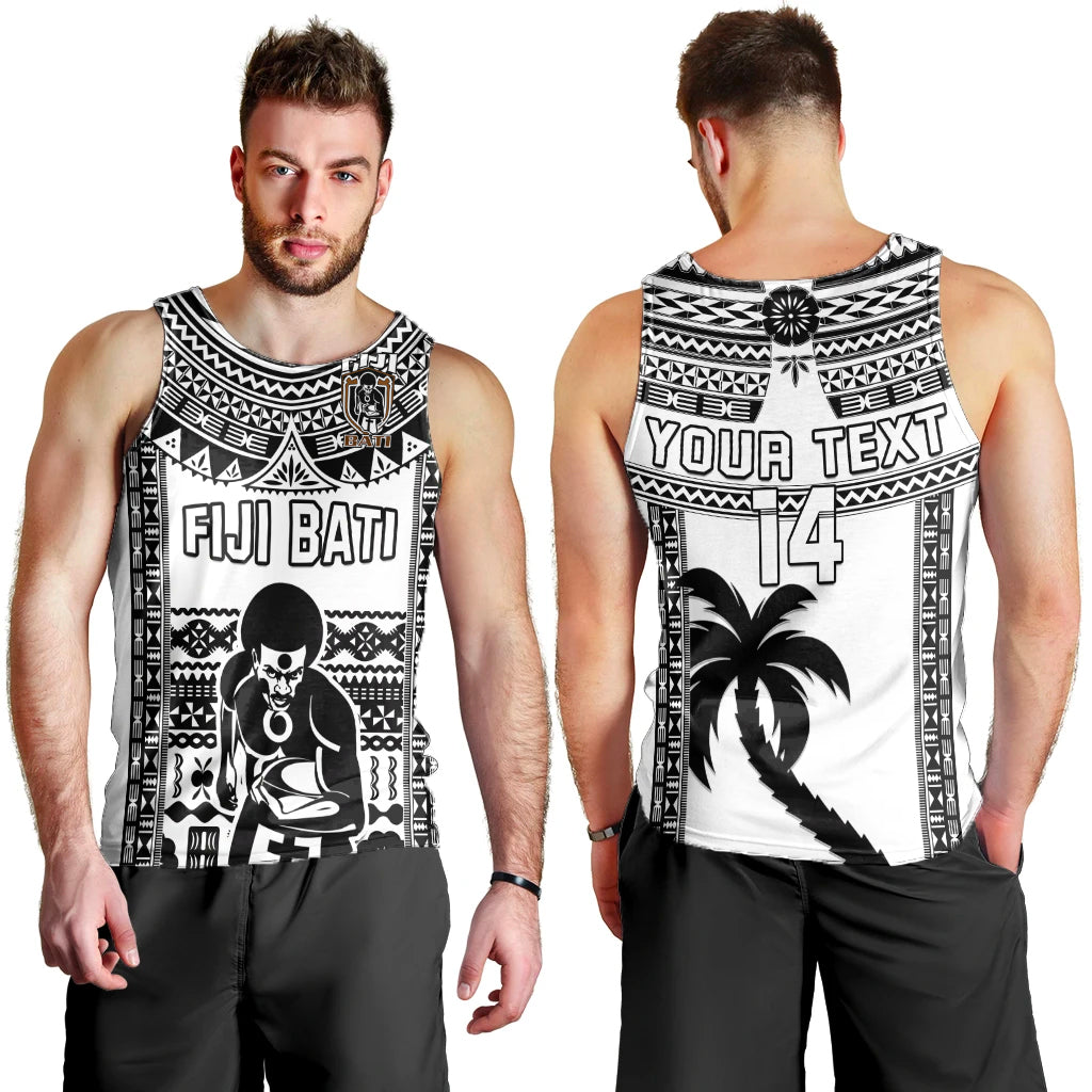 Custom Text And Number Fiji Rugby Men Tank Top Pacific The Bati Black Fijian Tapa LT14 Black - Polynesian Pride