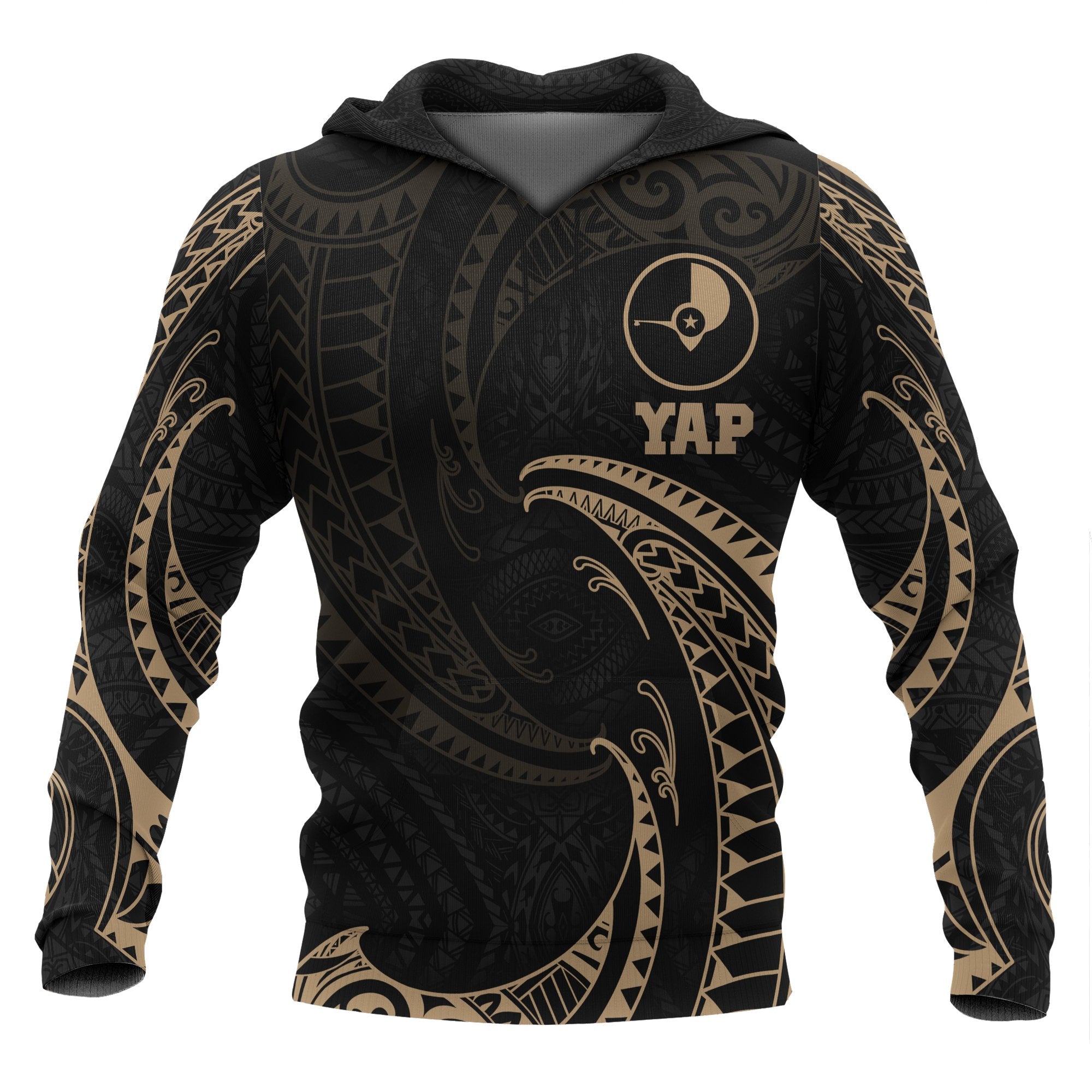 Yap Micronesia ll Over Hoodie Gold Tribal Wave Unisex Black - Polynesian Pride