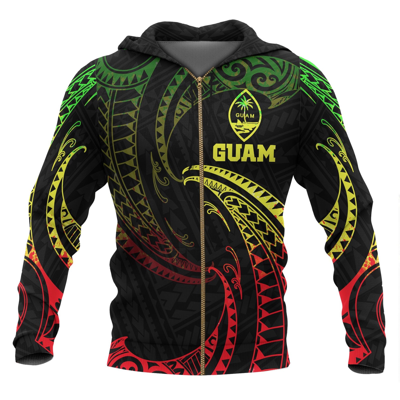 Guam Polynesian Zip up Hoodie Reggae Tribal Wave Unisex Black - Polynesian Pride