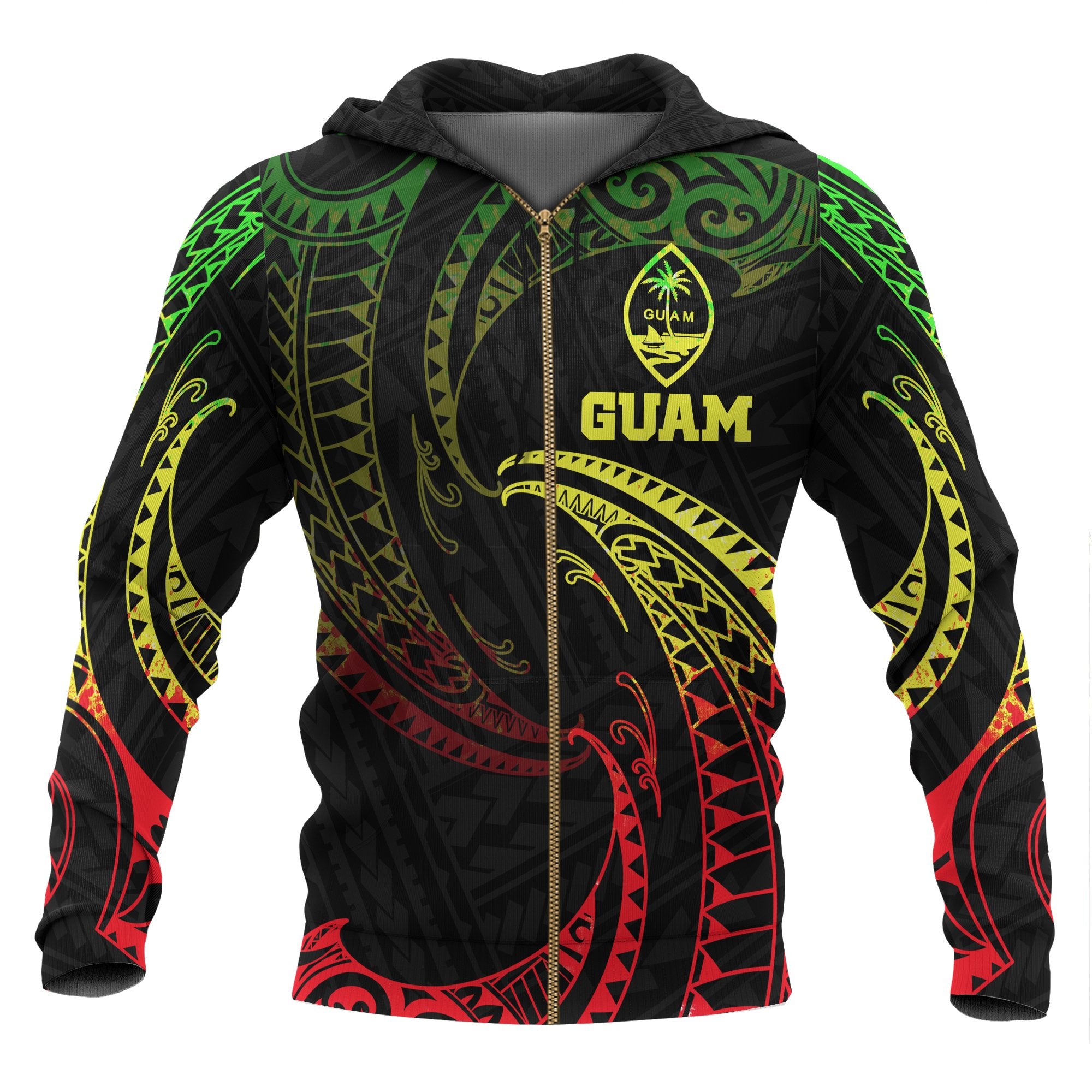 Guam Polynesian Zip up Hoodie Reggae Tribal Wave Unisex Black - Polynesian Pride