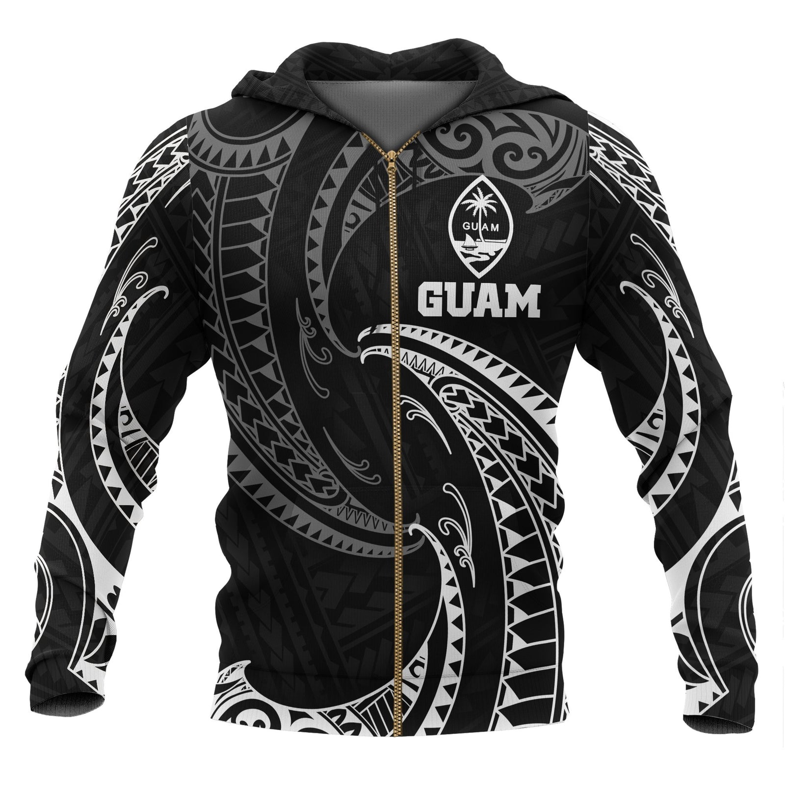 Guam Polynesian Zip up Hoodie White Tribal Wave Unisex Black - Polynesian Pride