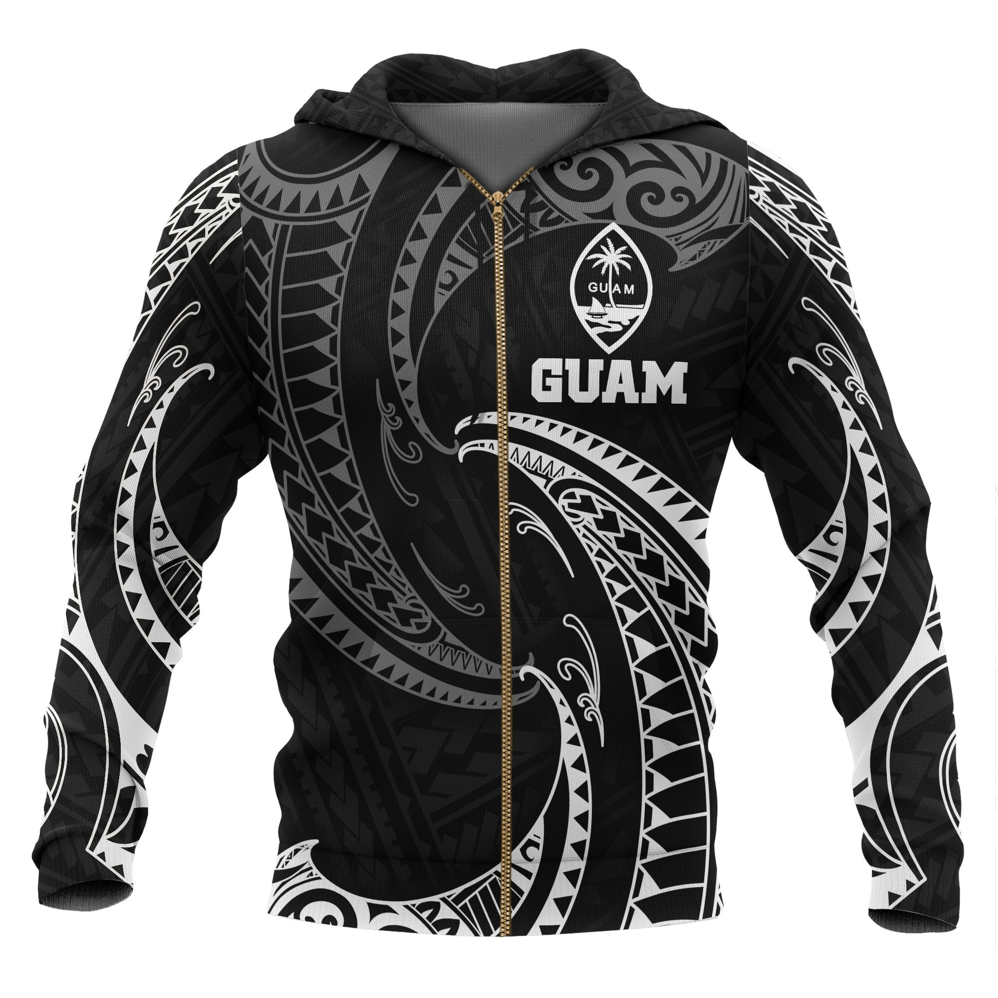 Guam Polynesian Zip up Hoodie White Tribal Wave Unisex Black - Polynesian Pride