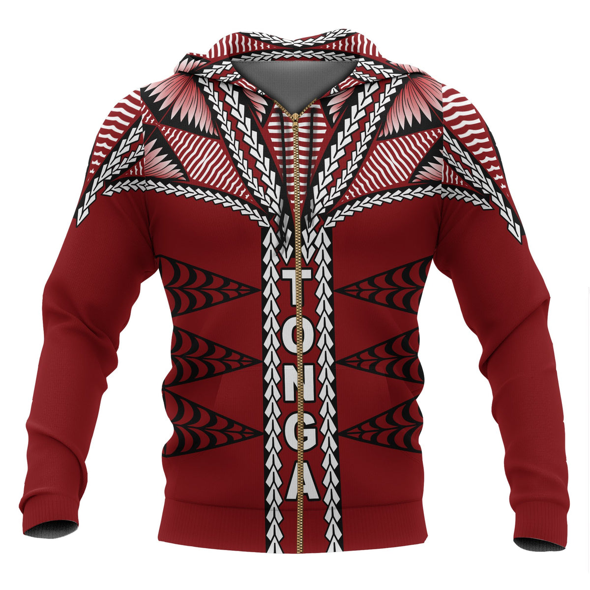 Tonga Polynesian All Over Zip up Hoodie Tongan Ngatu Pattern Red - Polynesian Pride